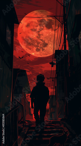 Anime style, full moon, city streets, red sky, silhouette of an anime boy walking down the stairs in front of him with his back to us. The man is wearing black and has short hair. There's a cat on to