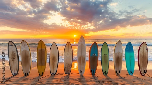 Many surfboards aligned on the beach with sunset in background created
