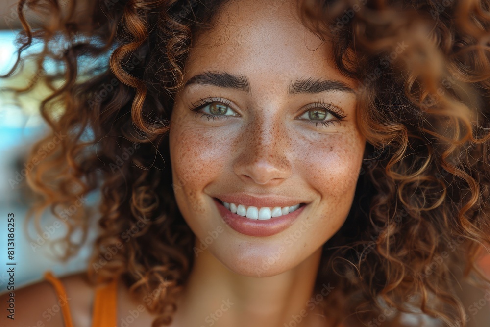 A front-facing portrait showing a beaming woman with auburn curly hair and freckles, depicting joy and radiance A front-facing portrait showing a beaming woman with auburn curly hair and freckles, depicting joy and radiance