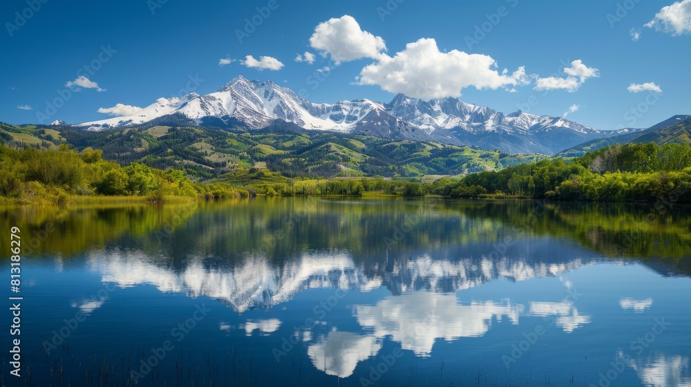 A serene mountain lake reflecting snow-capped peaks, creating a picture-perfect alpine landscape.