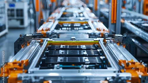 Mass production assembly line of electric vehicle battery cells close-up view photo