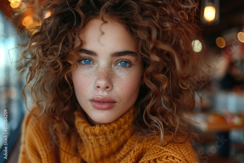 Mesmerizing portrait of a woman with vibrant blue eyes, curly hair, and freckles wearing a warm sweater