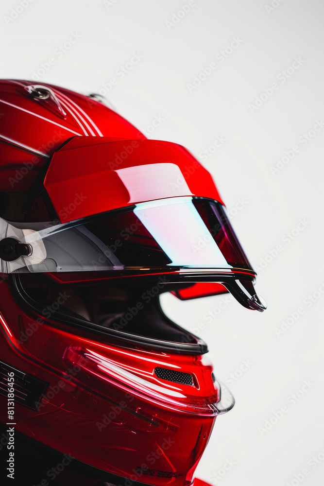 Fototapeta premium Piloto con casco de perfil de color rojo, casco de piloto de formula uno