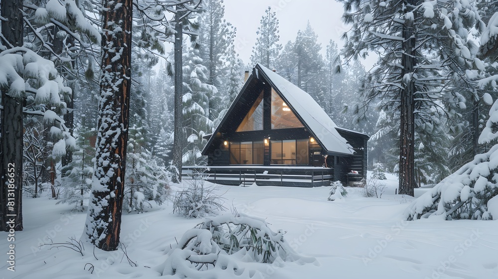 Modern A-frame house cabin in middle of a forest in winter season with house covered in snow