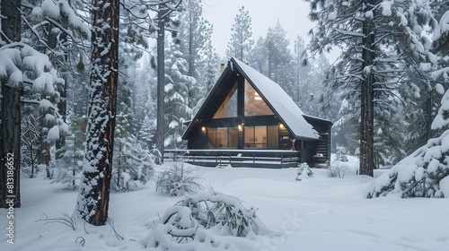 Modern A-frame house cabin in middle of a forest in winter season with house covered in snow © Love Muhammad
