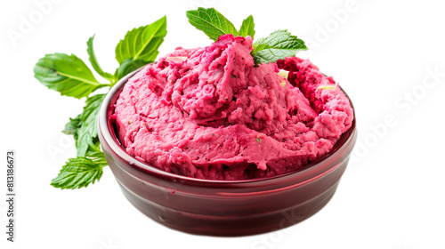 beet Hummus  Vegan Lebanese and  Israel Appetizer on isolated white background. Close-Up, Top View Copy Space. restaurant menu