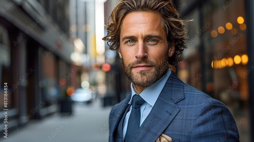 A man wearing a suit stands on a busy city street, surrounded by tall buildings and pedestrians. He appears confident and observant A man wearing a suit stands on a busy city street, surrounded by tall buildings and pedestrians. He appears confident and observant