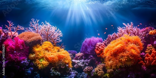 Vibrant coral reef in a marine aquarium under deep ocean water. Concept Underwater Photography  Marine Ecosystems  Colorful Coral Reefs  Ocean Conservation  Aquatic Life
