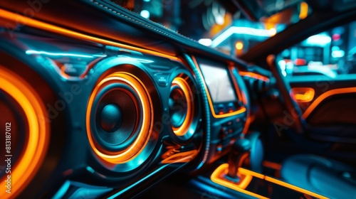 A sleek car audio system with illuminated speakers, pulsing to the rhythm of vibrant music inside a vehicle.