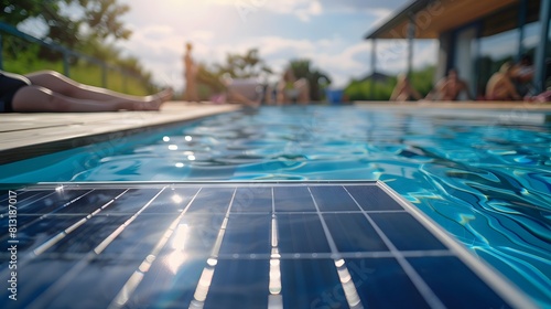 Modern solar powered swimming pool pump with visible solar panels and wooden deck , people in blurry backdrop © Love Muhammad