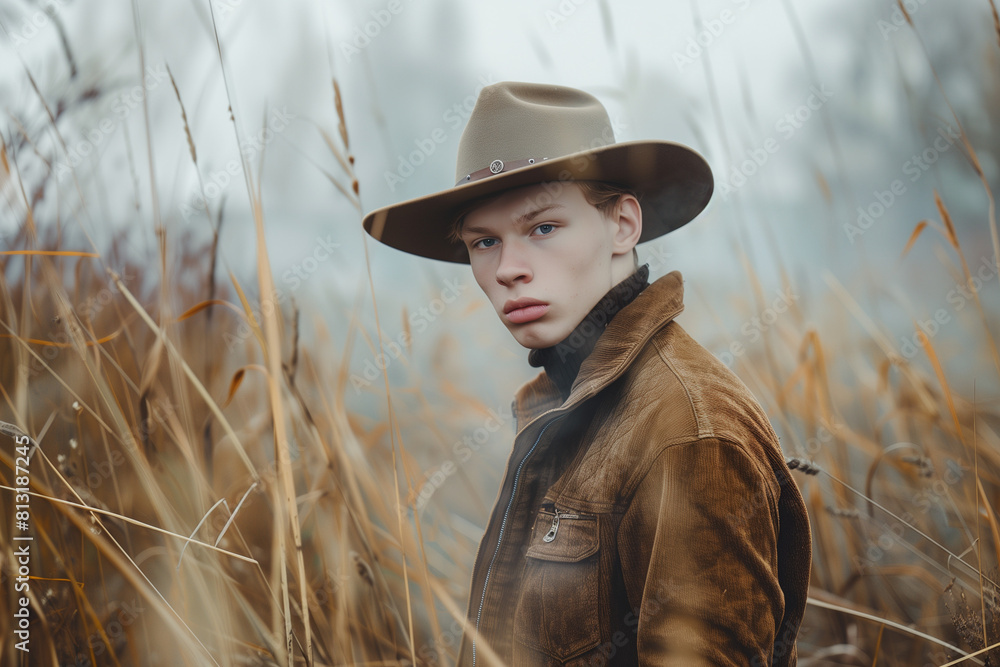 A handsome young man wearing a cowboy hat and brown jacket standing in ...