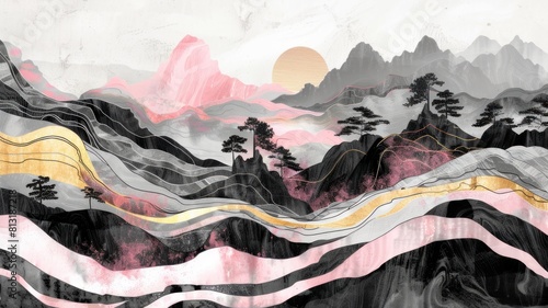 An abstract background of mountains with black, pink and white base colors. Japanese style painting with black base color.