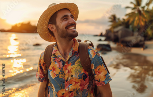 Young man in summer hat laughing and enjoying travel on the beach at sunset. Handsome tourist having fun while vacationing outdoors. People lifestyle concept. Close up portrait of happy young guy wea