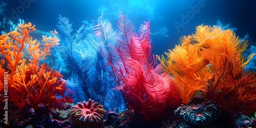 Vibrant neon corals in the deep sea create a colorful underwater world. Concept Underwater Photography, Coral Reefs, Neon Colors, Marine Ecosystems, Deep Sea Exploration