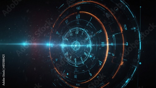 Futuristic Sci-Fi glowing HUD time fading. Abstract time machine and polygon hi-tech background. Data digital clock of head-up display interface. Virtual reality technology timer. Deadline concept photo
