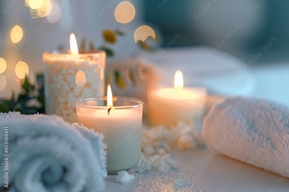 A serene oasis adorned with fragrant candles and soft music, offering a sanctuary for relaxation and rejuvenation. Concept of tranquility and self-care. Generative Ai. A serene oasis adorned with fragrant candles and soft music, offering a sanctuary for relaxation and rejuvenation. Concept of tranquility and self-care. Generative Ai.