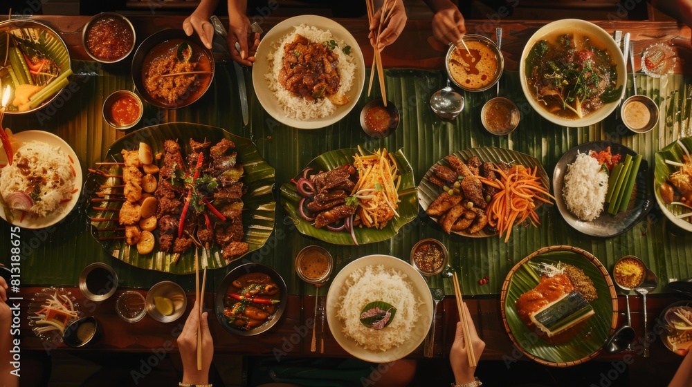 A sumptuous Thai feast served on a banana leaf, featuring a variety of curries, stir-fries, and aromatic rice dishes. A sumptuous Thai feast served on a banana leaf, featuring a variety of curries, stir-fries, and aromatic rice dishes.