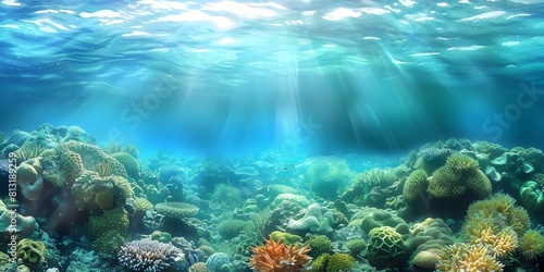 Sunlight shimmers on vibrant coral reef underwater. Concept Marine Life, Underwater Photography, Colorful Coral Reef, Ocean Conservation, Vibrant Sunlight Reflections