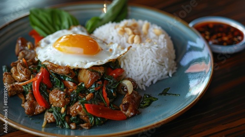 A tantalizing plate of Pad Kra Pao Moo, a classic Thai dish of spicy stir-fried basil pork served with jasmine rice and a fried egg.