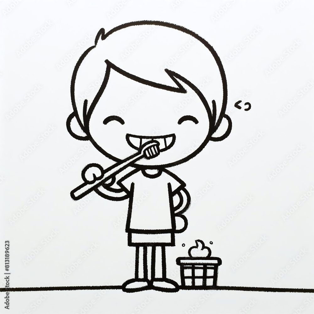 cute outline drawing illustration of a kid brushing his teeth, on white background cute outline drawing illustration of a kid brushing his teeth, on white background