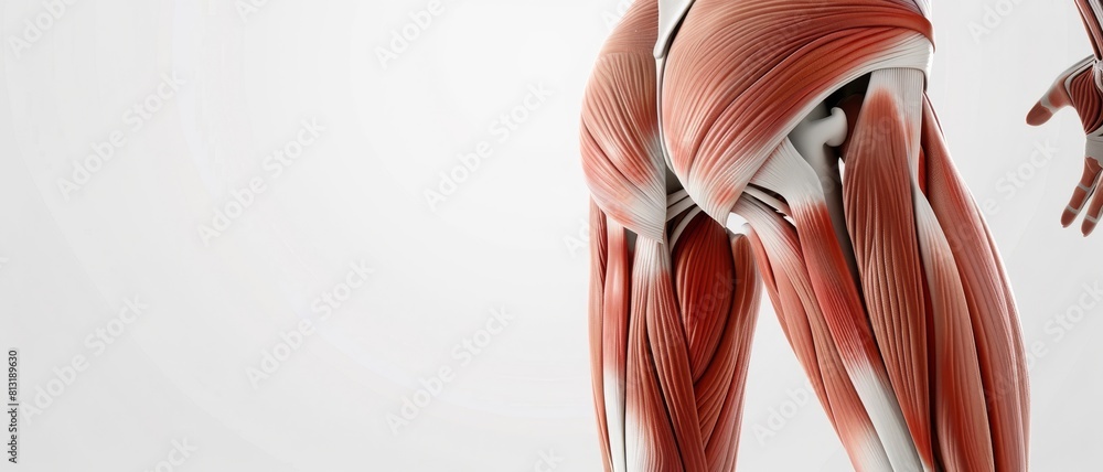 3D realistic illustration of the hip muscular system on a white background. Human muscles, medical illustration. 3D realistic illustration of the hip muscular system on a white background. Human muscles, medical illustration.