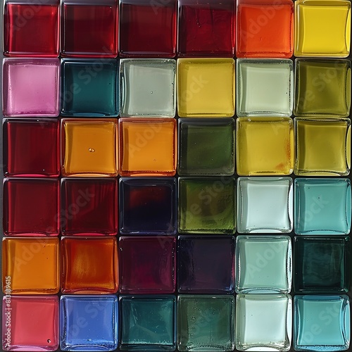A wall of multicolored square glass bricks. Glass blocks panel for background pattern. Mosaic, geometric shapes backdrop