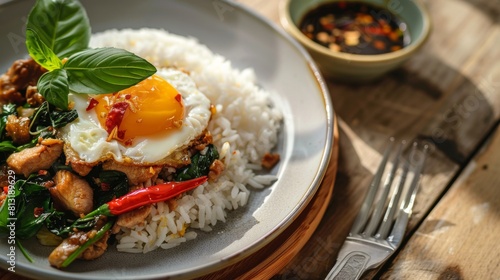 A tantalizing plate of Pad Kra Pao Moo, a classic Thai dish of spicy stir-fried basil pork served with jasmine rice and a fried egg.