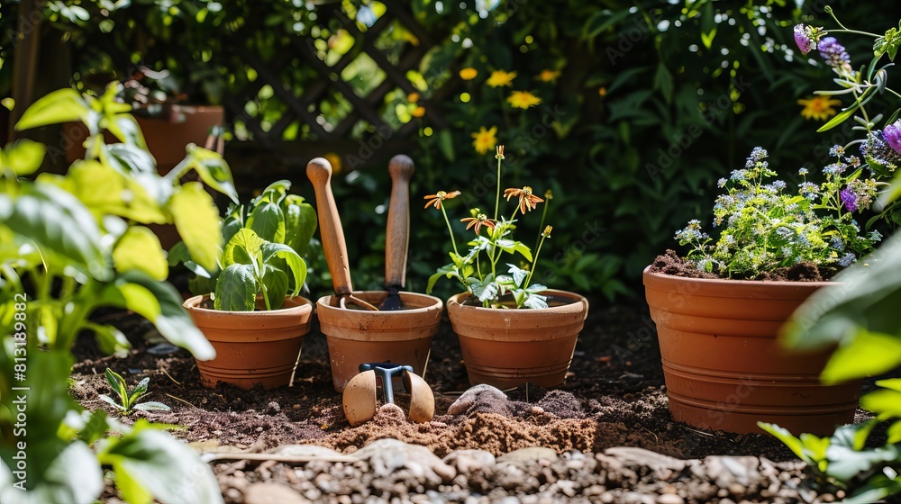 A set of gardening tools and flowerpots in a sunny garden A set of gardening tools and flowerpots in a sunny garden