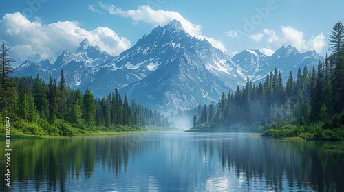 Summer in Grand Teton National Park. A panoramic view of the mountains, forests and river