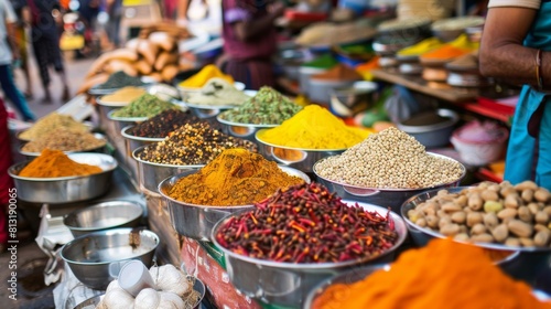 Fototapeta Naklejka Na Ścianę i Meble -  A traditional Indian spice bazaar bustling with vendors selling colorful spices, herbs, and condiments for Indian cooking.