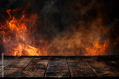 Dark wood planks as empty table on fire background, flame and vintage wooden counter. Theme of product, food, abstract, kitchen © Natalya