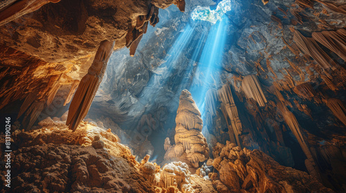 Amazing karst cave inside mountain, dark cavern with beams of light from hole above. Theme of travel, wild nature, subterranean, landscape, park, opening