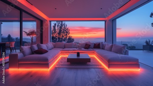 Lighting strips installed along the length of the living room in a contemporary modern style © DZMITRY