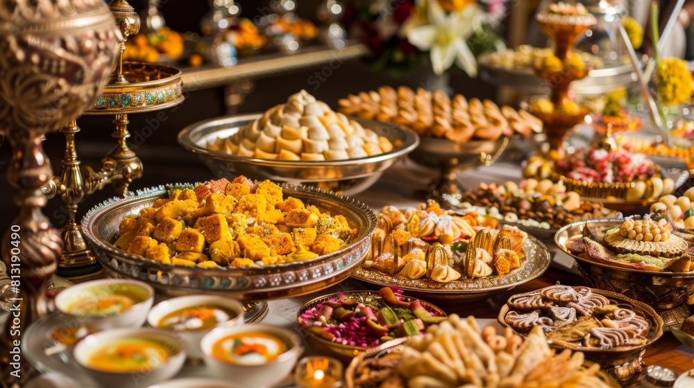 A traditional Indian wedding banquet featuring an extravagant spread of festive dishes, desserts, and sweets.