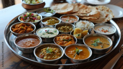 A traditional Indian thali meal featuring a variety of vegetarian and non-vegetarian dishes served on a stainless steel platter.