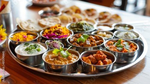 A traditional Indian thali meal featuring a variety of vegetarian and non-vegetarian dishes served on a stainless steel platter.