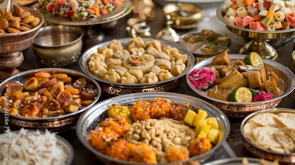 A traditional Indian wedding banquet featuring an extravagant spread of festive dishes, desserts, and sweets. A traditional Indian wedding banquet featuring an extravagant spread of festive dishes, desserts, and sweets.
