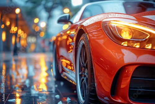 Luxury red sports car in a rainy cityscape