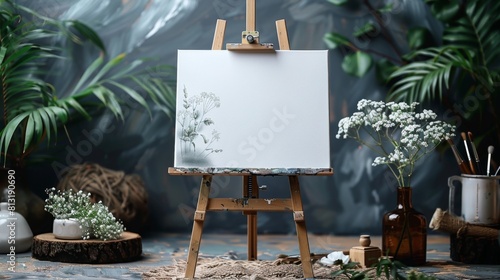 A wooden easel with a white sheet of paper on a gray background with a flower in the corner. photo