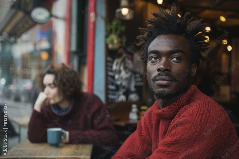 A man with dreadlocks is sitting at a table with a cup in front of him A man with dreadlocks is sitting at a table with a cup in front of him