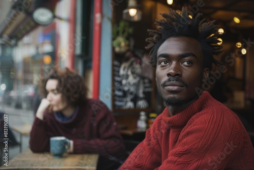 A man with dreadlocks is sitting at a table with a cup in front of him