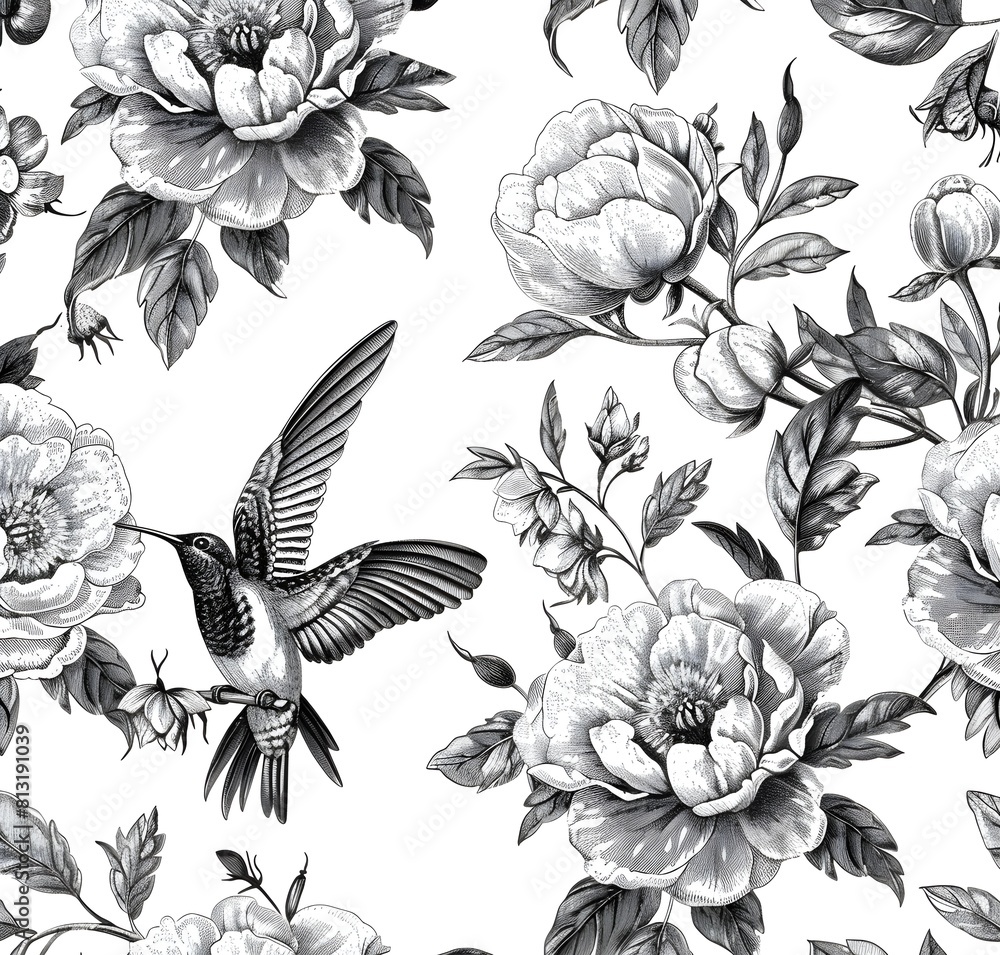 Fototapeta premium seamless pattern Vintage Toile Peonies and Hummingbirds, white and blue, white and black Vintage Pattern, Floral Patterns , floral background , vector illustration, detailed monochrome drawing,