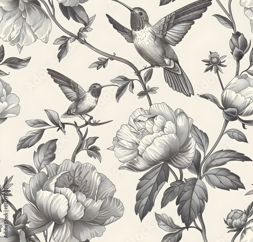 seamless pattern Vintage Toile Peonies and Hummingbirds, white and blue, white and black Vintage Pattern, Floral Patterns , floral background , vector illustration, detailed monochrome drawing,