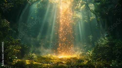 With beams of golden light streaming through a dense forest illuminated by the soft glow of a mystical portal