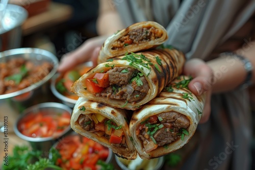 A delicious serving of beef kebabs with fresh vegetables, wrapped in toasted flatbread, suggesting a hearty meal photo