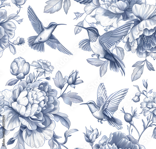 seamless pattern Vintage Toile Peonies and Hummingbirds, white and blue, white and black Vintage Pattern, Floral Patterns , floral background , vector illustration, detailed monochrome drawing,