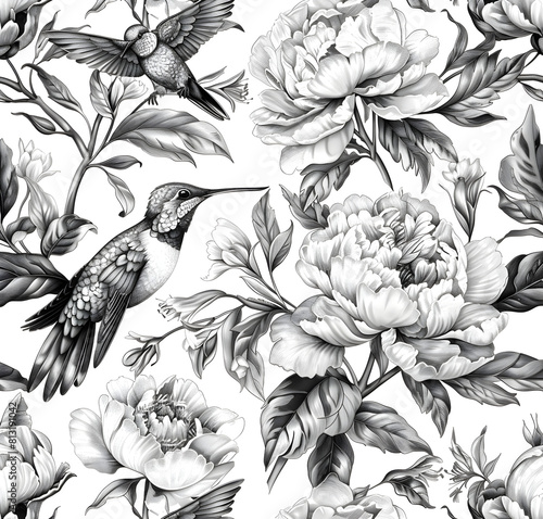 Wallpaper Mural seamless pattern Vintage Toile Peonies and Hummingbirds, white and blue, white and black Vintage Pattern, Floral Patterns , floral background , vector illustration, detailed monochrome drawing, Torontodigital.ca
