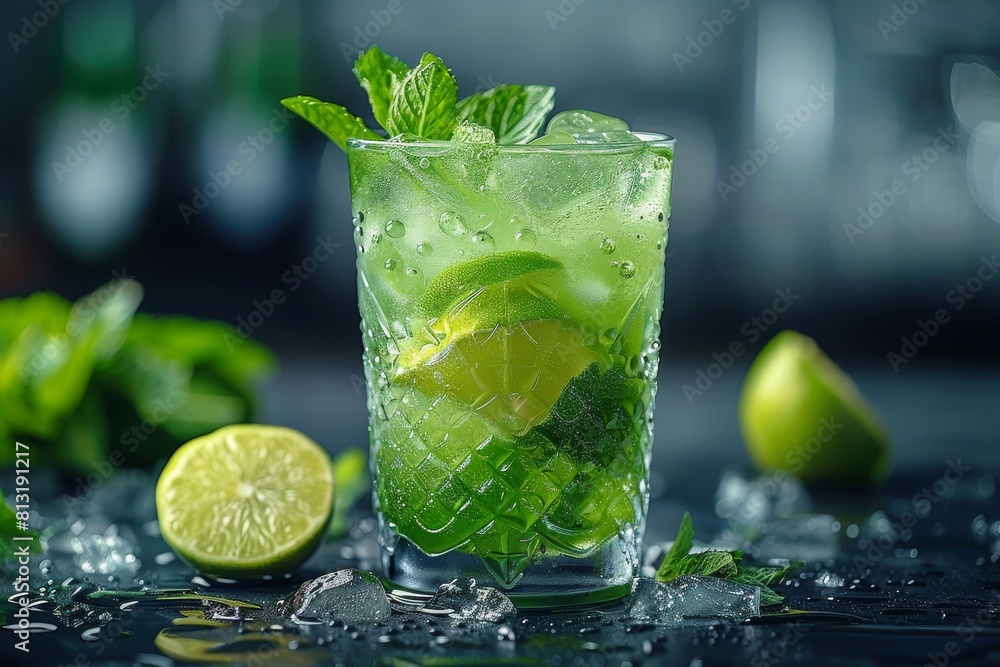 Fototapeta premium A vibrant image of a mojito glass filled with ice cubes, lime slices, mint leaves, and a refreshing liquid among water drops