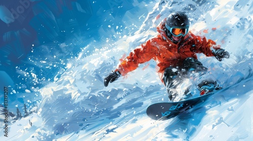Illustration depicting snowboarding events at the Winter Olympics, with athletes catching air, crashing down slopes, and shredding down slopes photo