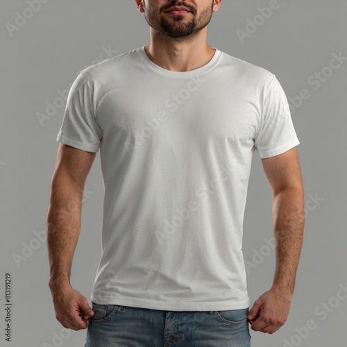 T-shirt mockup. White blank t-shirt front and back views. male clothes wearing clear attractive apparel tshirt models template.